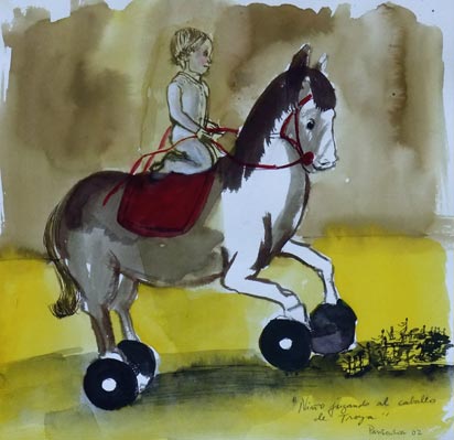 Kind spielt mit dem trojanischen Pferd