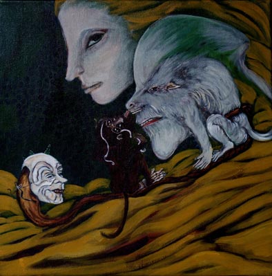 Frau mit langem blondem Haar, mit Monster, Affe und maskierter Schlange