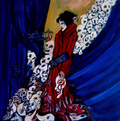Frau mit rotem Mantel und Millionen von Masken