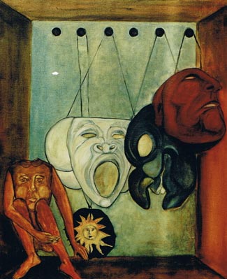 Three masks, a sun and wooden character