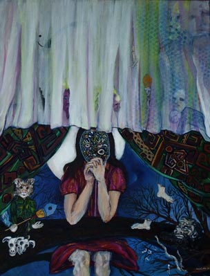 Théâtre des ombres, femme assise devant la lune ovoïde